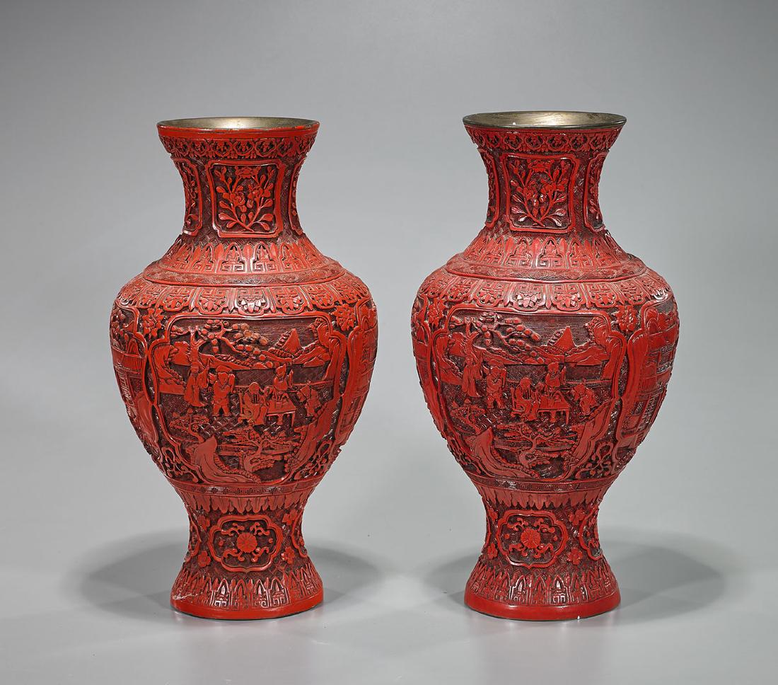 Pair Old Chinese Cinnabar-Like Metal Vases (1 of 2)