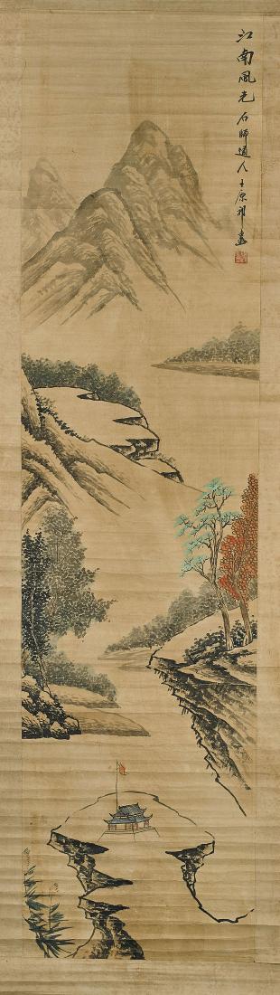 Three Chinese Scrolls: After Wang Jian, Wang Yuanqi &: Three Chinese ink and color on paper scrolls, each depicting various landscape scenes, including: after Wang Yuanqi; after Wang Jian; together with Huang Binhong; each signed, with seal marks; 50"