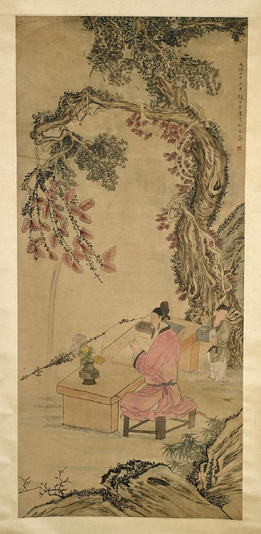 Two Chinese Painting: After Wang Yun & Zhao Mengfu: Two Chinese paintings, including: ink and color on paper scroll after Zhao Mengfu, depicting scholar; together with ink and color on paper after Wang Yun, depicting seated figures playing instruments;