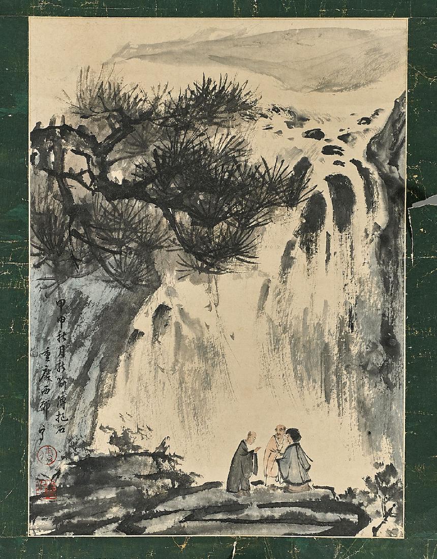 Chinese Painting: After Fu Baoshi: Chinese ink and color on paper after Fu Baoshi; depicting a figural landscape; signed, with seal marks; 15" x 11" (approx.)