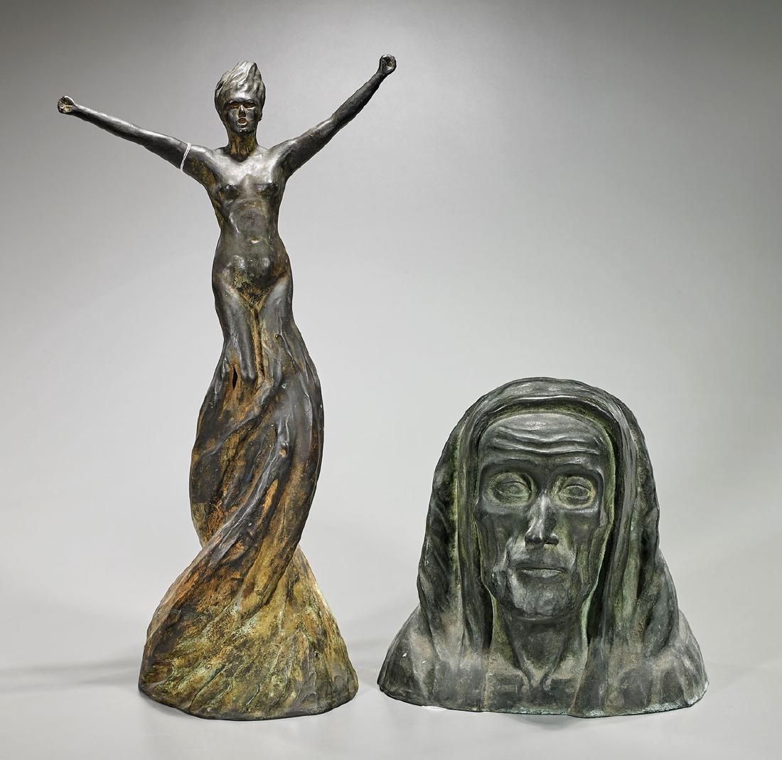 Two Antique Bronze Sculptures Signed Robinson: Two antique bronze sculptures, including: tall female figure, depicted in the nude with arms outstretched, dated 1921; together with bust of a hooded male, dated 1929; each signed "Robinson" a