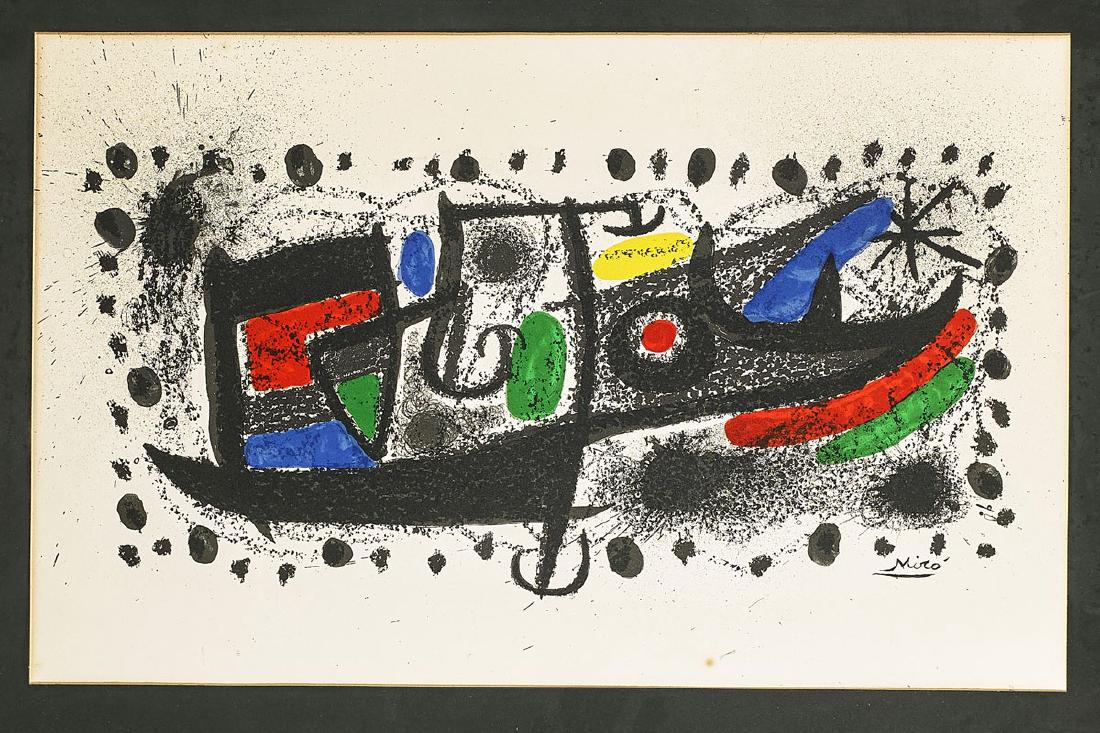 Group of Three Prints: Picasso & Miró: Group of three prints, including: after Pablo Picasso (Spanish, 1881-1973), offset lithograph of mother and child with hand study, signed in plate and dated 1904; etching of female nude, title