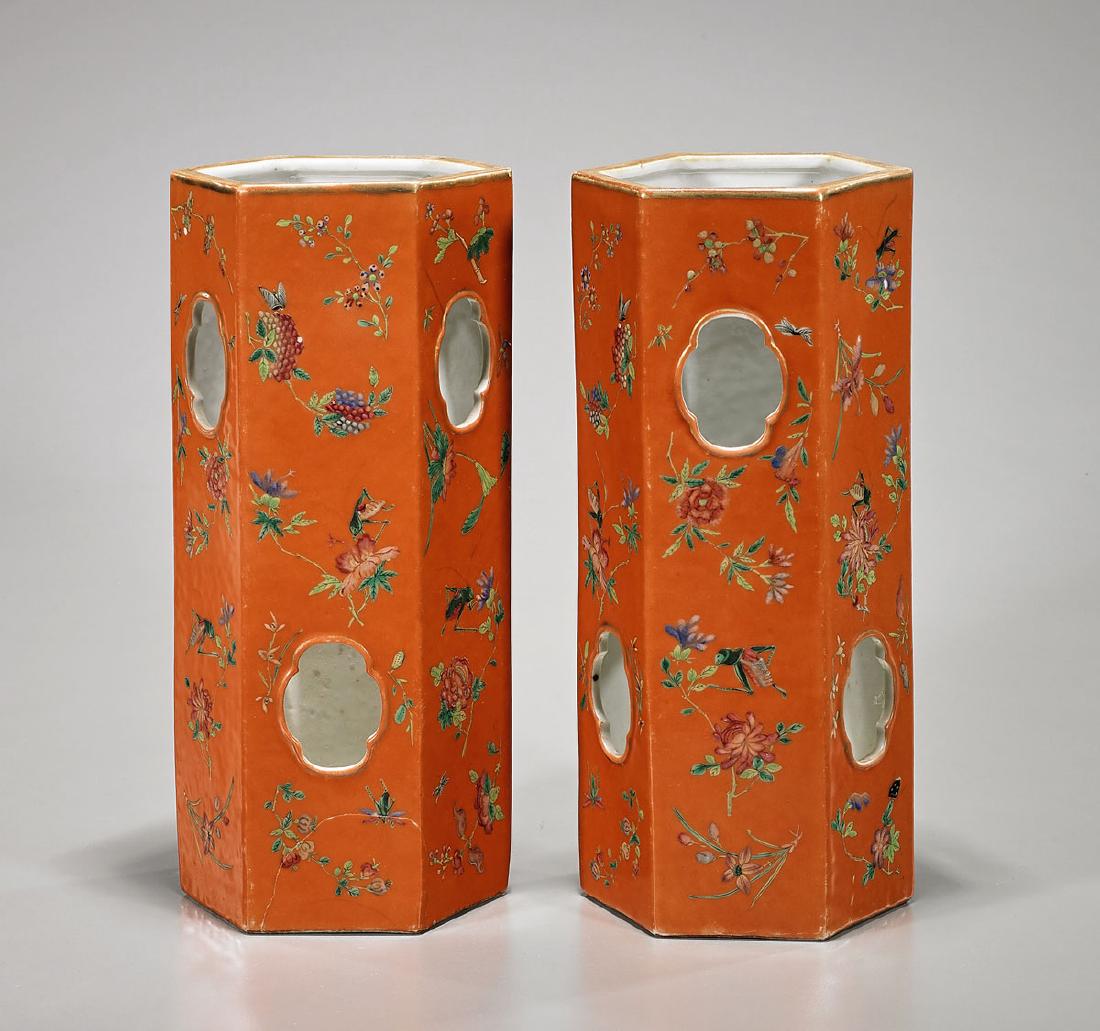 Pair Antique Chinese Enameled Porcelain Hat Stands (1 of 1)