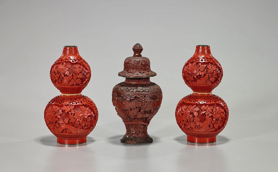 Group of Three Chinese Cinnabar Lacquer Vases (1 of 1)