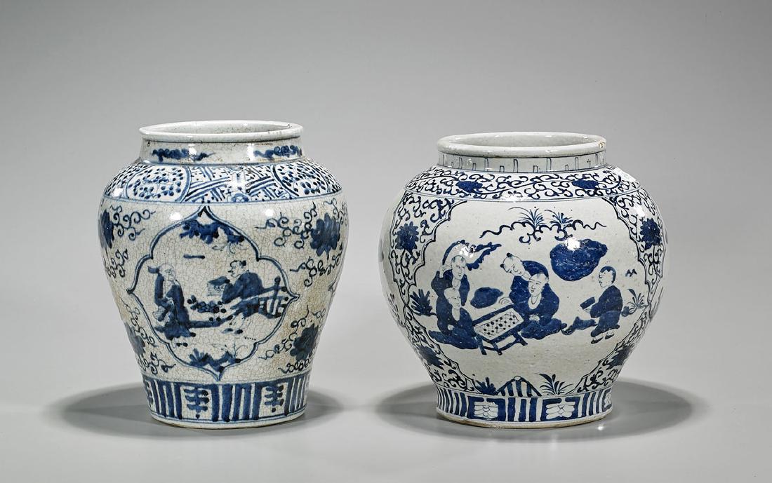 Two Antique Chinese Blue & White Porcelain Jars: Two antique Chinese blue and white porcelain jars, including: globular form with tapering base, showing figural scene reserved on a busy scrolling floral ground; together with ovoid form, showing foli