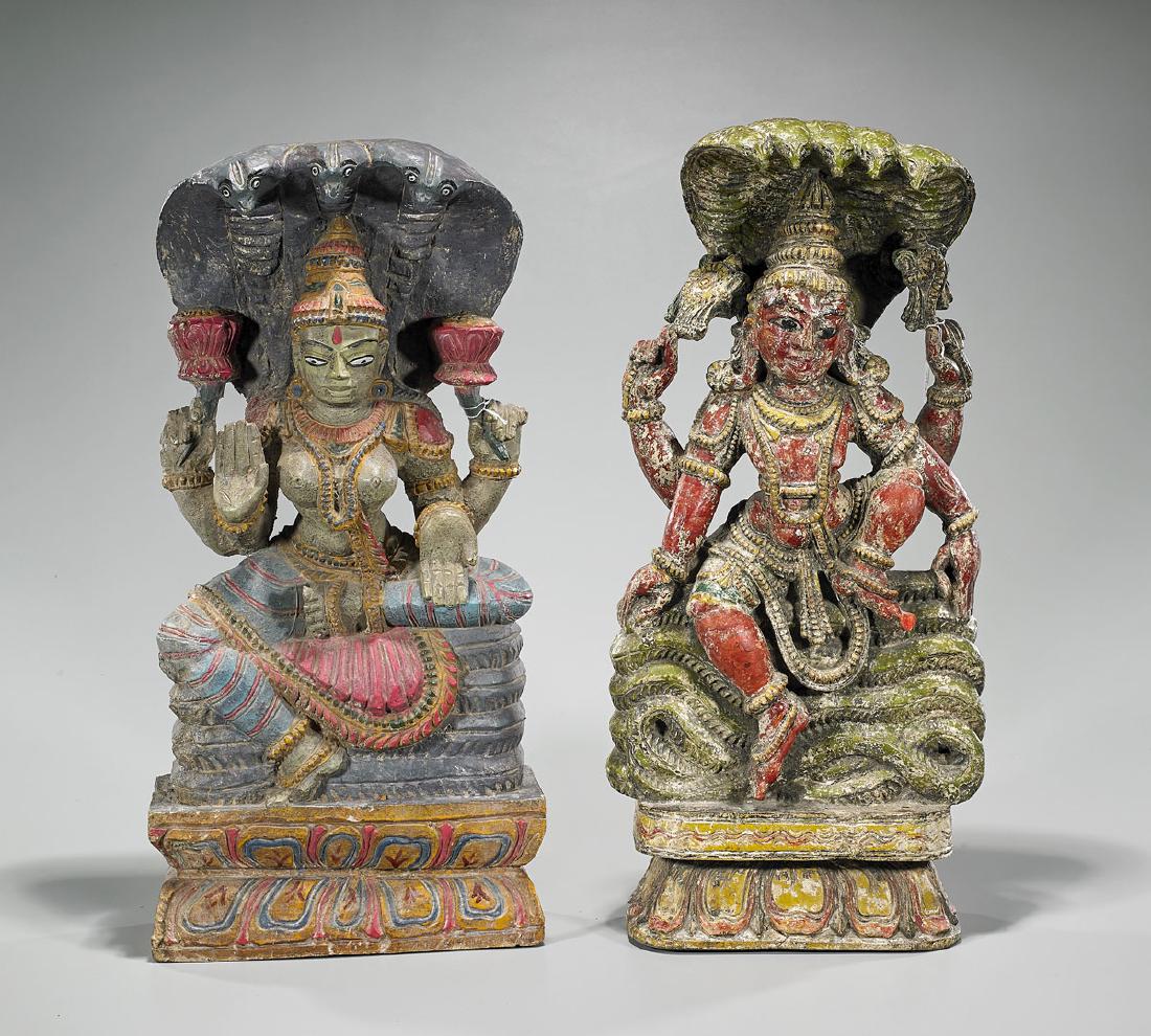 Two Antique Indian Polychrome Wood Seated Deities (1 of 1)