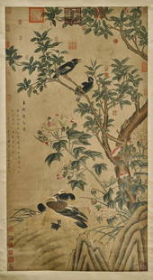 Two Chinese Scrolls After Han Gan & Ren Renfa: Two Chinese ink and color scrolls: birds perched atop branch on paper, after Ren Renfa; together with various flora on silk, after Han Gan; each signed, with seal marks; 67" x 36" (largest