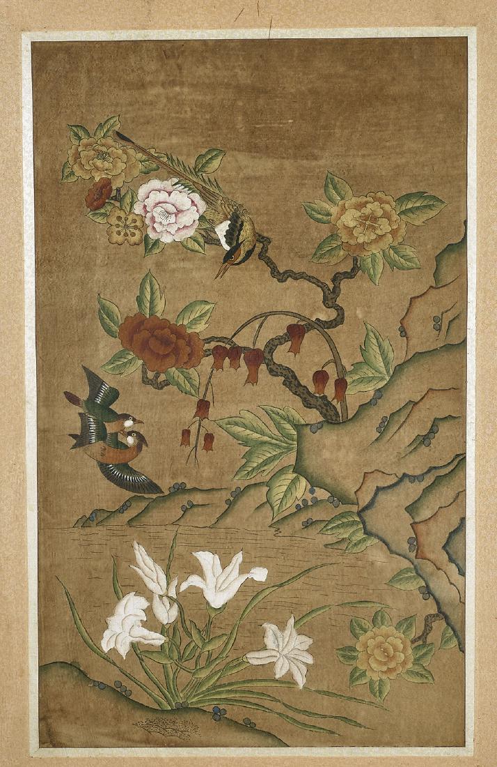 Antique Korean Folk Painting: Antique Korean folk painting on paper; depicting birds perched atop blossoming branches amid rockery; Provenance: Collection of Mr. & Mrs. Sylvain and Esther Robert ; 28 1/2" x 17 1/2" (si