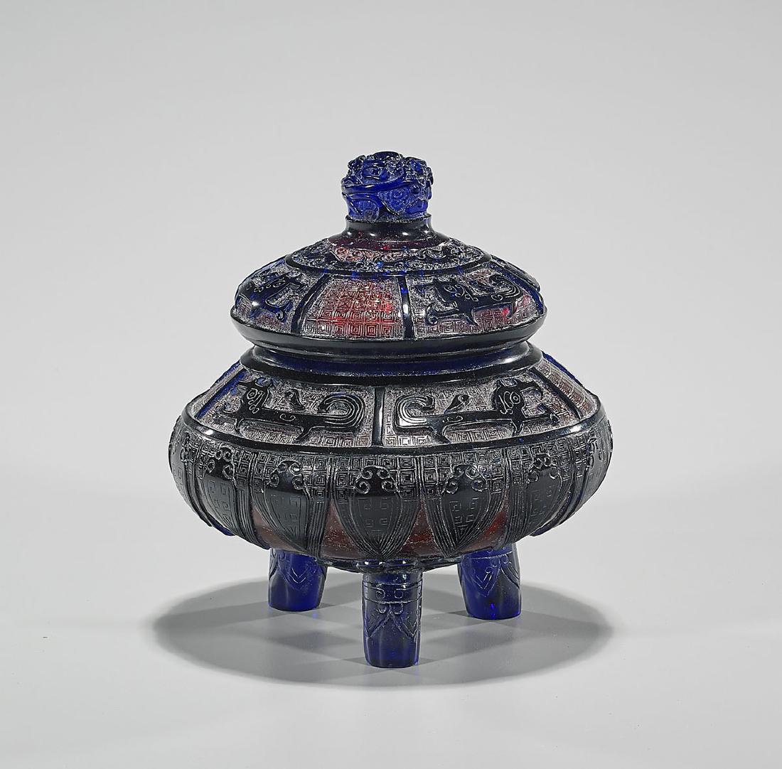 Chinese Blue Overlay Amber Glass Censer (1 of 2)