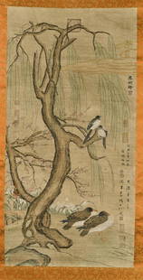 Two Chinese Scrolls After Wu Zongyuan & Wu Bing: Two Chinese ink and color paper scrolls: after Wu Zongyuan; together with after Wu Bing; each featuring birds amid flora; signed, with seal marks; 50" x 25" (largest, approx.)