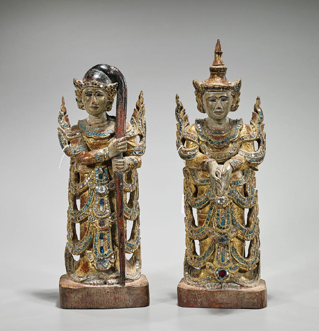 Two Antique Thai Gilt & Polychrome Wood Figures (1 of 1)