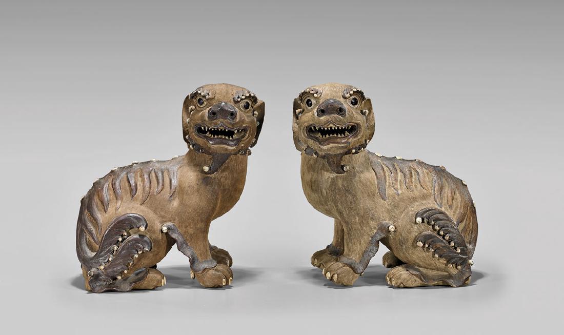 PAIR ANTIQUE CHINESE SHIWAN POTTERY DOGS (1 of 4)