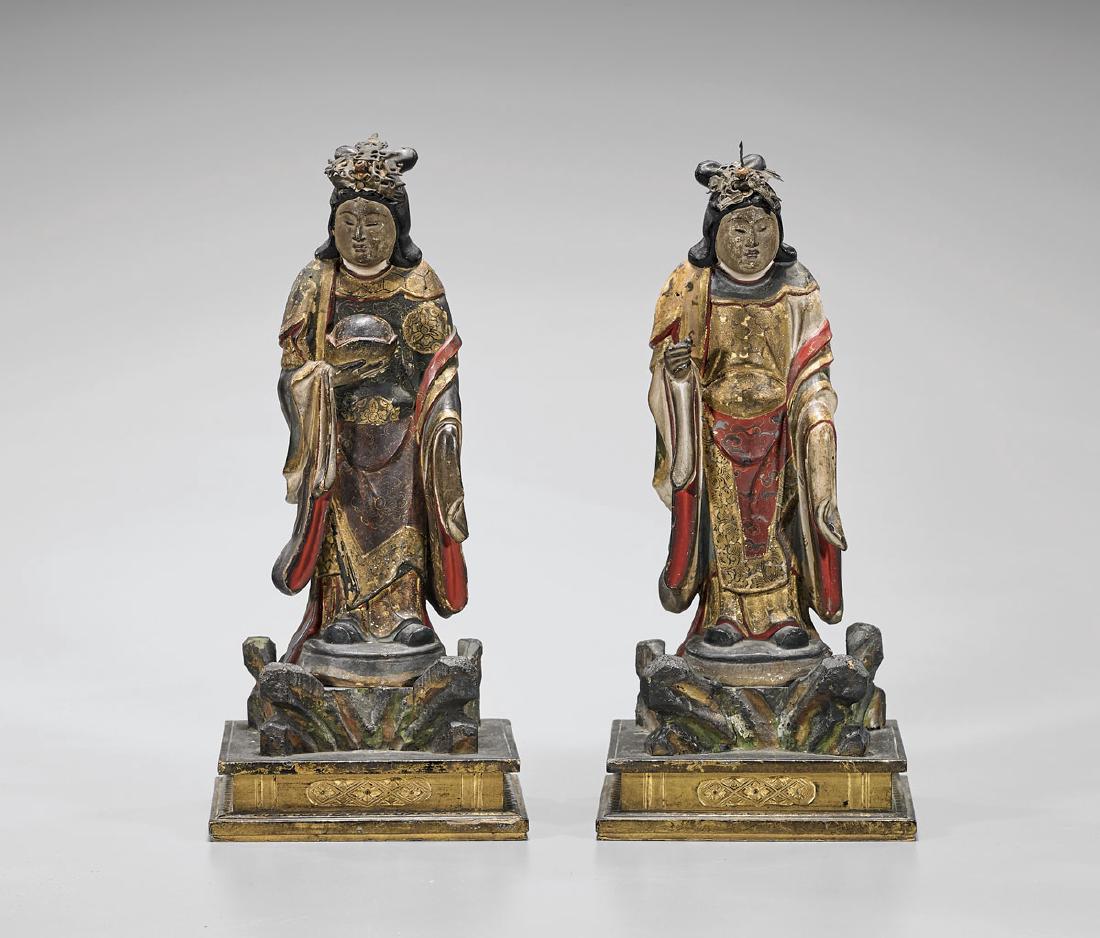 PAIR ANTIQUE JAPANESE POLYCHROME WOOD FIGURES (1 of 2)