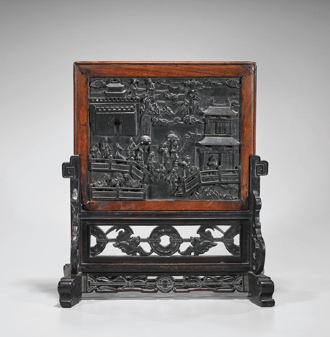 ANTIQUE CHINESE BRONZE-INSET HARDWOOD TABLESCREEN (1 of 3)