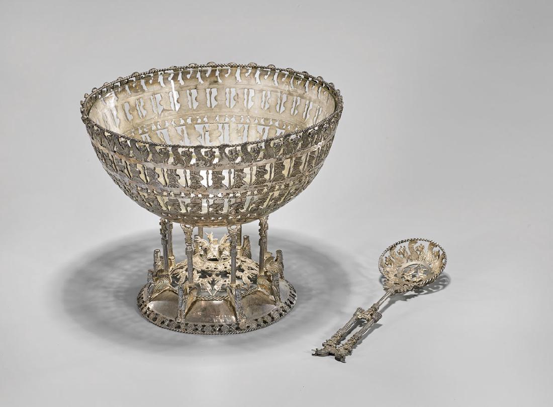 LARGE PERSIAN SILVER CENTERPIECE BOWL & SPOON (1 of 3)