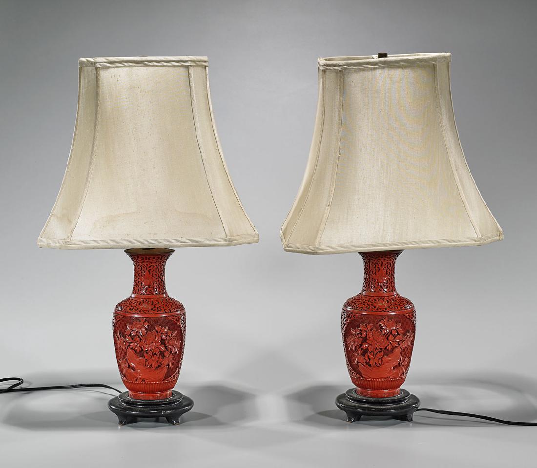 Pair Chinese Carved Cinnabar Lacquer Vases/Lamps (1 of 1)