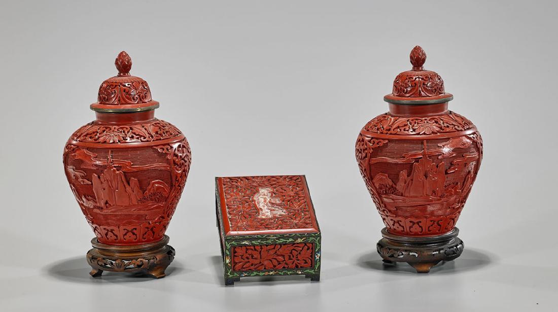 Three Chinese Cinnabar Lacquer Pieces: Box & Two Vases (1 of 1)