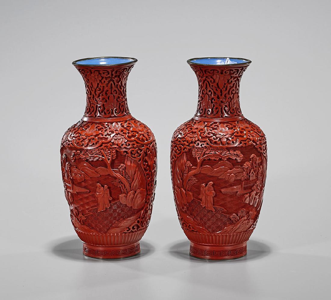 Pair Old Chinese Carved Cinnabar Lacquer Vases (1 of 1)