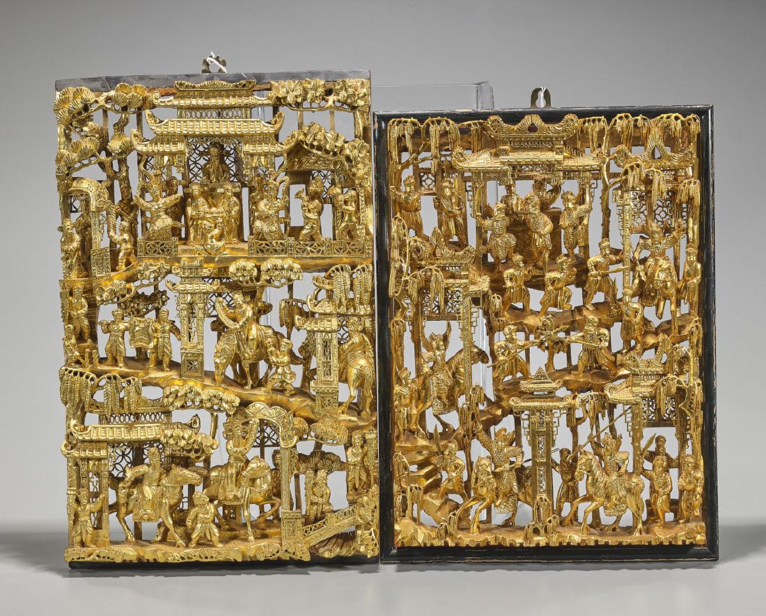 Two Old & Elaborate Chinese Carved Gilt Wood Panels (1 of 1)