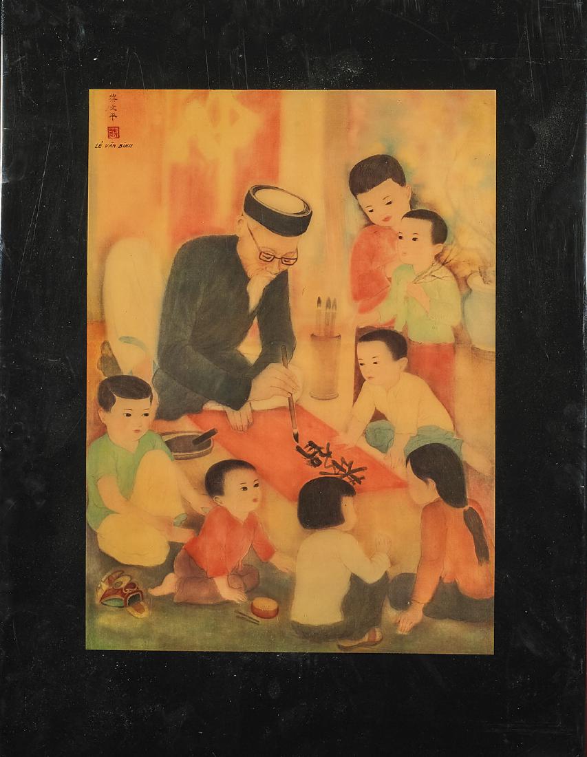 Vietnamese Lacquer Panel: Vietnamese lacquer panel; depicting scholar surrounded by students; signed Le Van Binh to upper left; 27 1/4" x 20" (approx.)