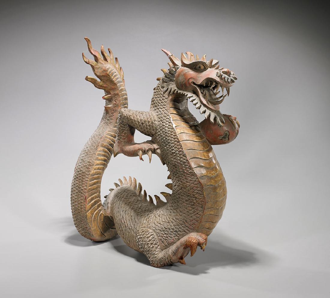Large Carved Parcel-Gilt & Polychrome Wood Dragon (1 of 2)