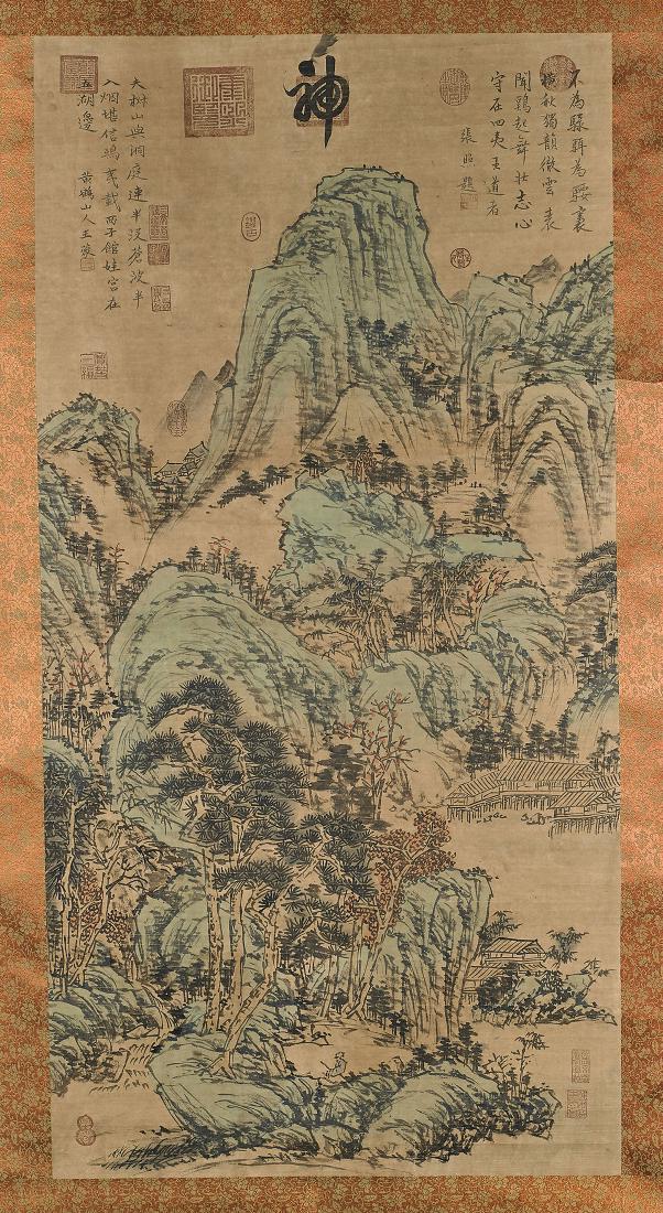 Chinese Landscape Scroll After Wang Meng: Chinese ink and color landscape scroll on paper, after Wang Meng; signed, with seal marks; 51" x 25" approx