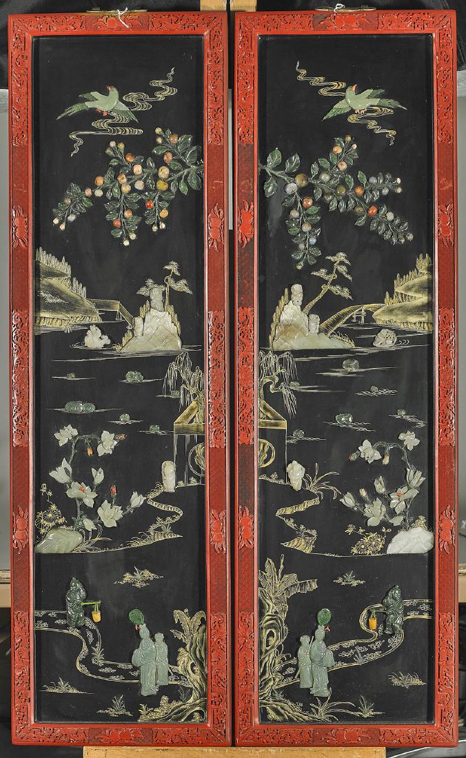 Pair Chinese Jade & Hardstone-Inset Painted Lacquer (1 of 1)