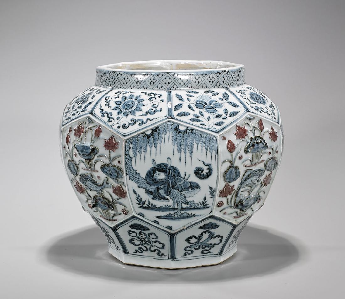 Yuan-Style Underglaze Blue & Red Porcelain Faceted Jar (1 of 1)