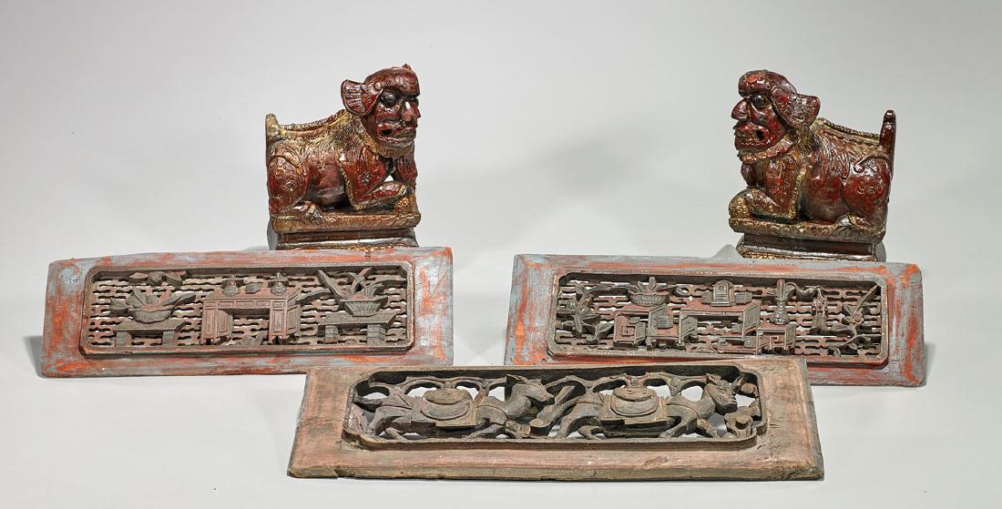 Group of Five Antique Chinese Wood Carvings (1 of 1)