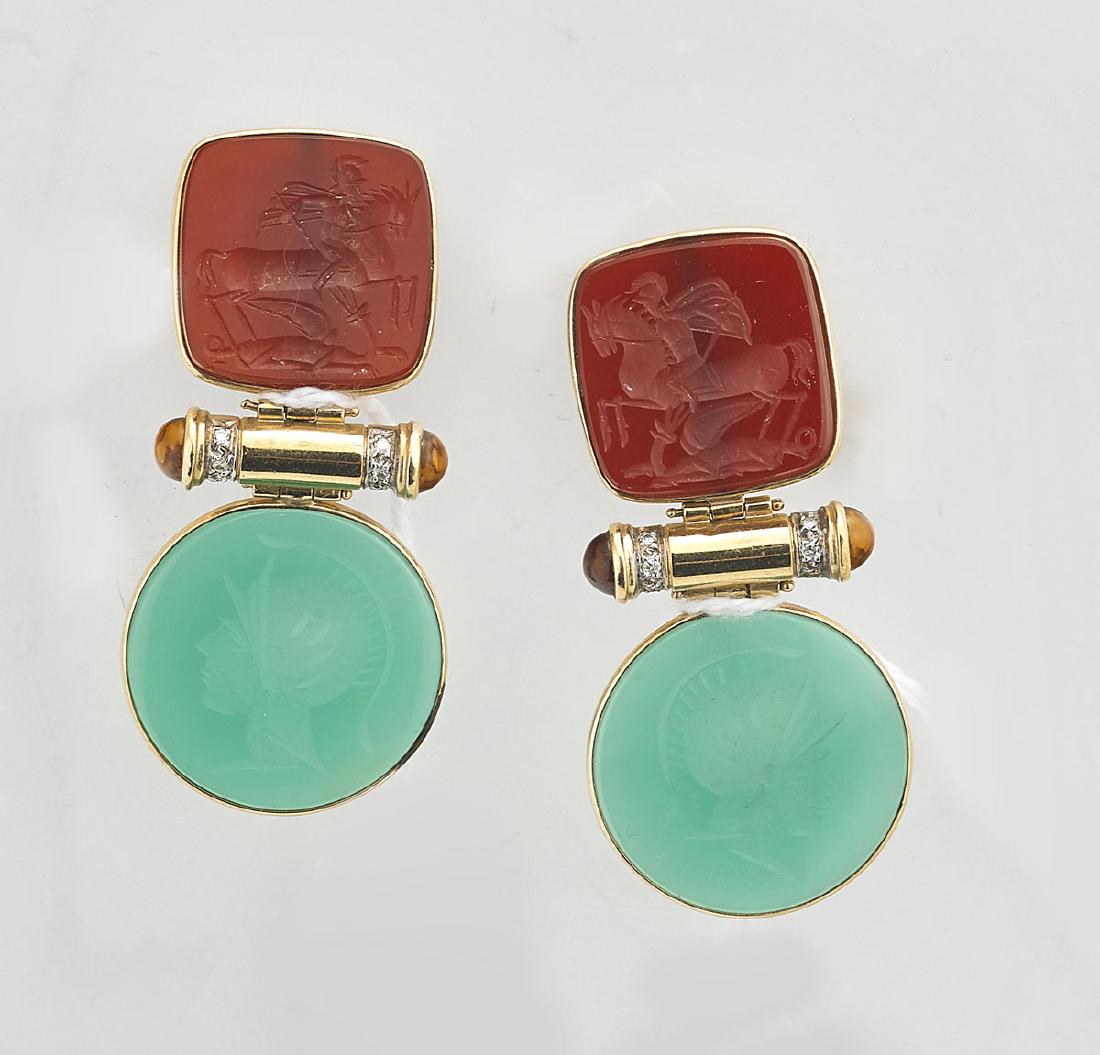 Pair 14K Yellow Gold Cameo Agate Earrings (1 of 1)