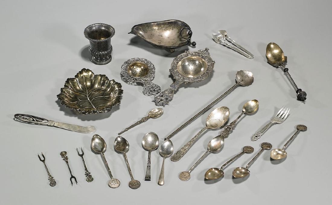 Group of Various Silver Tableware Pieces: Group of 24 various silver tableware pieces, including Jack Hing, Reed & Barton, S. Kirk & Son, Duhme & Co. Royal Danish, Georg Jensen, and others, comprising: 13 spoons, four forks, tong, two trays,