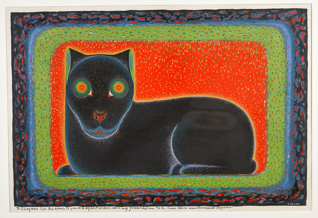 Screenprint By Beniamino Bufano: Screenprint by Beniamino Bufano; titled Press Club Cat; inscribed and signed in ink to lower margin; 15" x 22" (sight, approx.); matted and framed