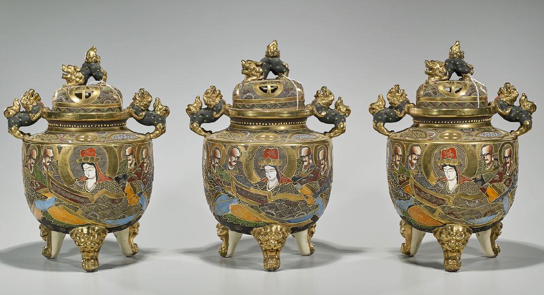 Set of Three Japanese Satsuma Earthenware Koro (1 of 2)