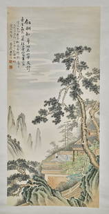 Chinese Paper Scroll After Lin Shu: Chinese ink and color on paper scroll after Lin Shu; depicting an architectural landscape; signed, with seal marks; 37" x 17" approx.