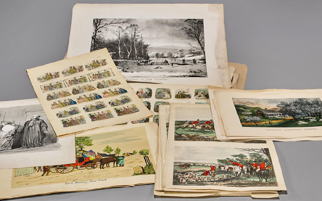 Collection of Old Engravings & Lithographs: Collection of old engravings and lithographs; some hand-colored, some printed in color, depicting various figural scenes; including a group after Currier & Ives; together with many published by Chagno