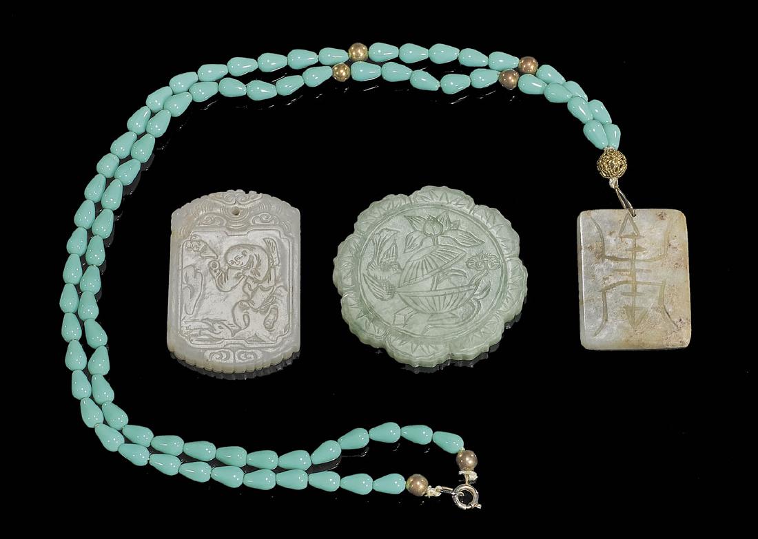 THREE CHINESE CARVED JADE & JADEITE PLAQUES (1 of 2)