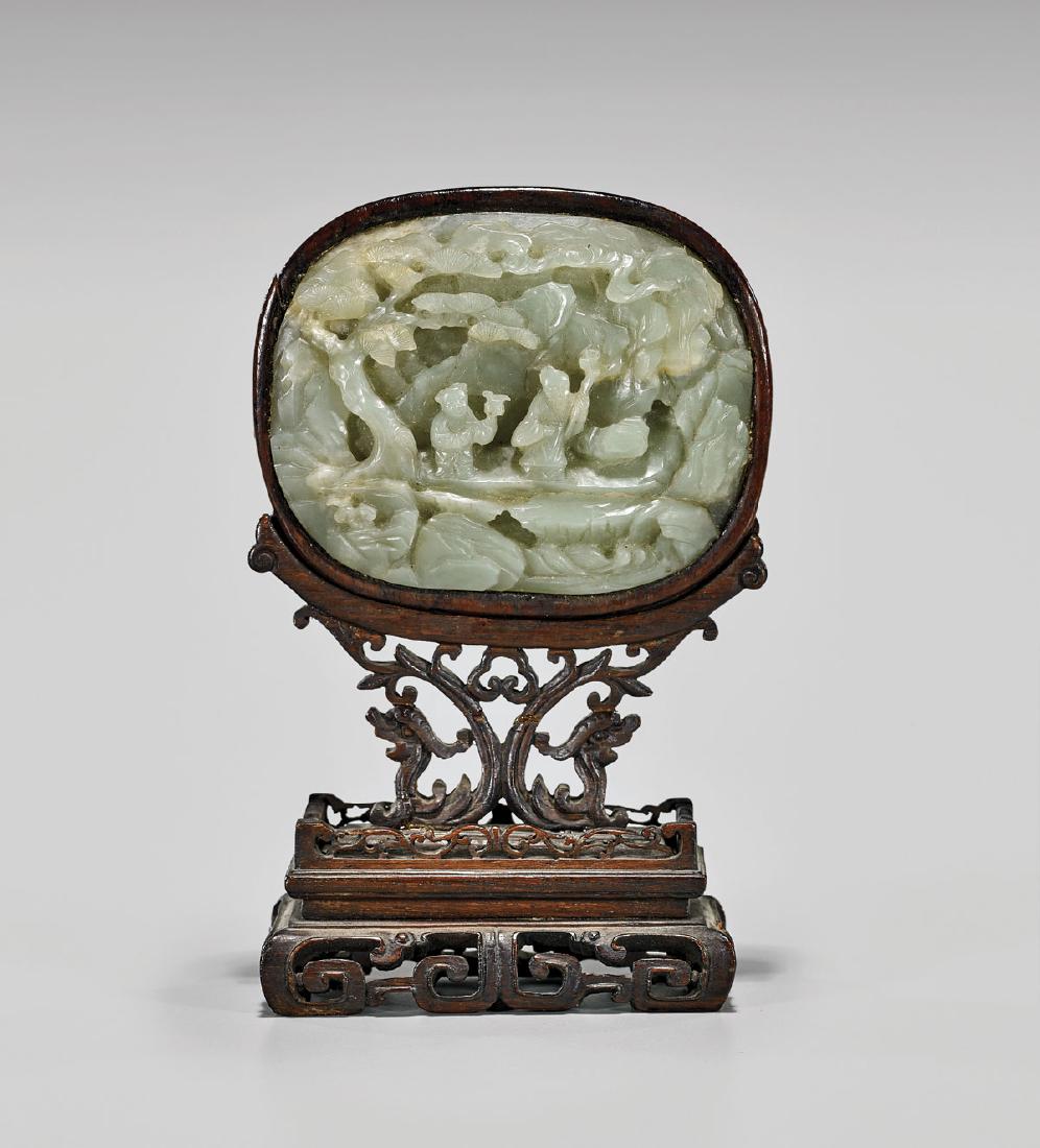 19TH CENTURY CARVED CELADON JADE PLAQUE (1 of 2)