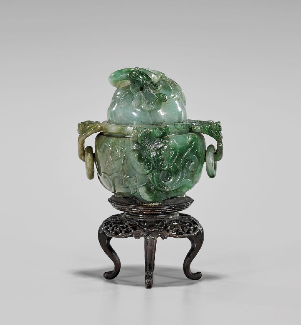 CHINESE CARVED APPLE-GREEN JADEITE CENSER (1 of 2)