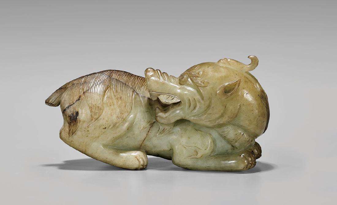 CHINESE CARVED CELADON JADE MODEL OF A LION (1 of 2)