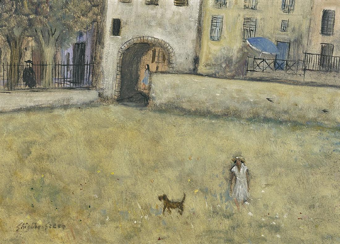 OIL PAINTING BY MAURICE GHIGLION-GREEN: Oil painting on masonite by Maurice Ghiglion-Green (French, 1913-1989); of a woman and a dog in a courtyard; signed to lower left; the verso inscribed To my good friend Dorothy / Ghiglion-Gree