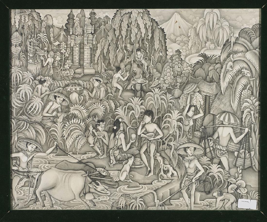 Group of Five Old Indonesian Ink Wash Artworks: Group of five old Indonesian ink wash artworks; each depicting various scenes of figures farming or performing leisurely activities; one signed DW PASER to lower margin; 17" x 20 3/4" (eac