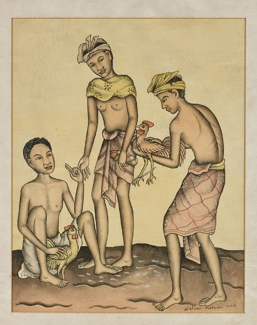 Group of Three Old Indonesian Watercolors: Group of three old Indonesian watercolors, including: one depicting figures with roosters, signed illegibly to lower right; together with two dense figural landscape scenes; 12" x 9 1/2" (