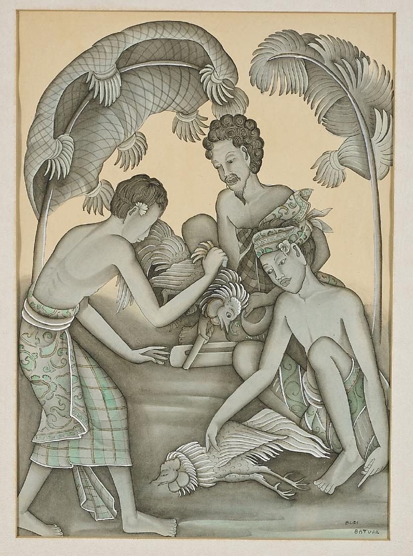 Group of Three Old Indonesian Watercolors: Group of three old Indonesian watercolors, each with gallery label from Frederic Stern; figural scene with roosters, signed BUDI BATUAN to lower right; farming scene, signed WJ RECUC to lower right; t