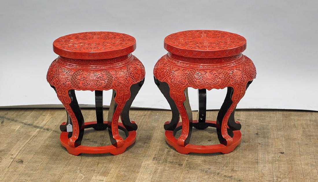 Pair Chinese Carved Cinnabar Lacquer Stools (1 of 1)