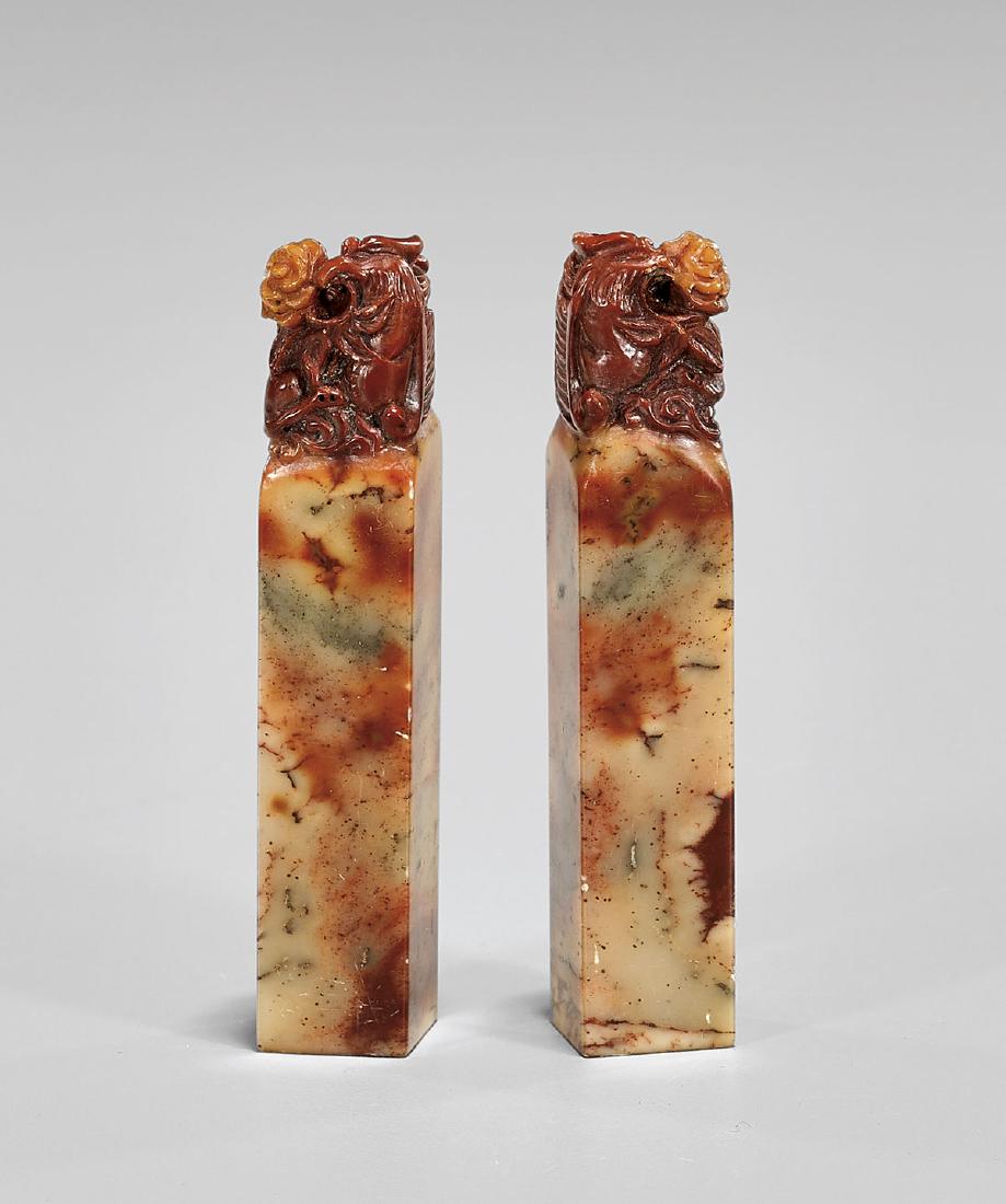 Pair Antique Carved Soapstone 'Phoenix' Seals