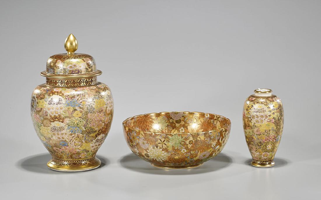 Three Japanese 'Millefleur' Satsumas: Two Vases & Bowl (1 of 3)