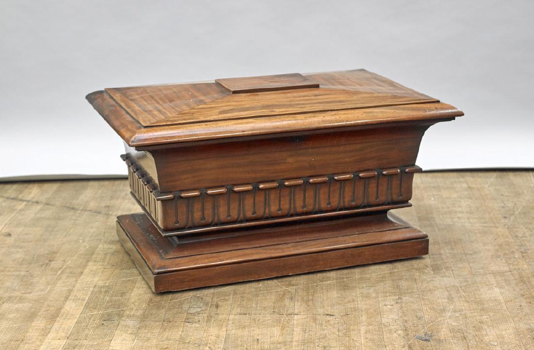 Large Mahogany Wine Cooler: Large mahogany wine cooler; of stepped rectangular form; opening to reveal metal bin; all resting atop four wheels; Provenance: Private collection, Palos Verdes Estates, CA; 20" x 39" x 26"