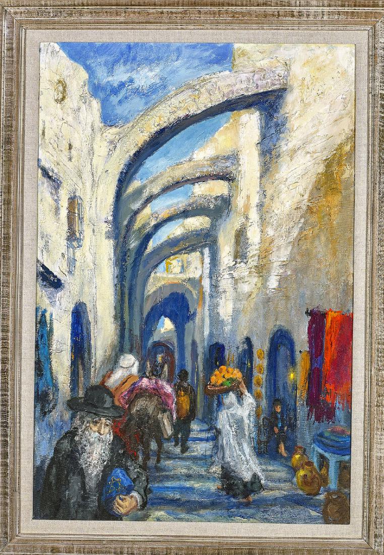 Two Oil Paintings: Two oil paintings: mother and child by Lou Burnett (American, 1907-1999), signed to lower left; together with market scene by Martha Moore (American, 1913-1982); Provenance: Private co