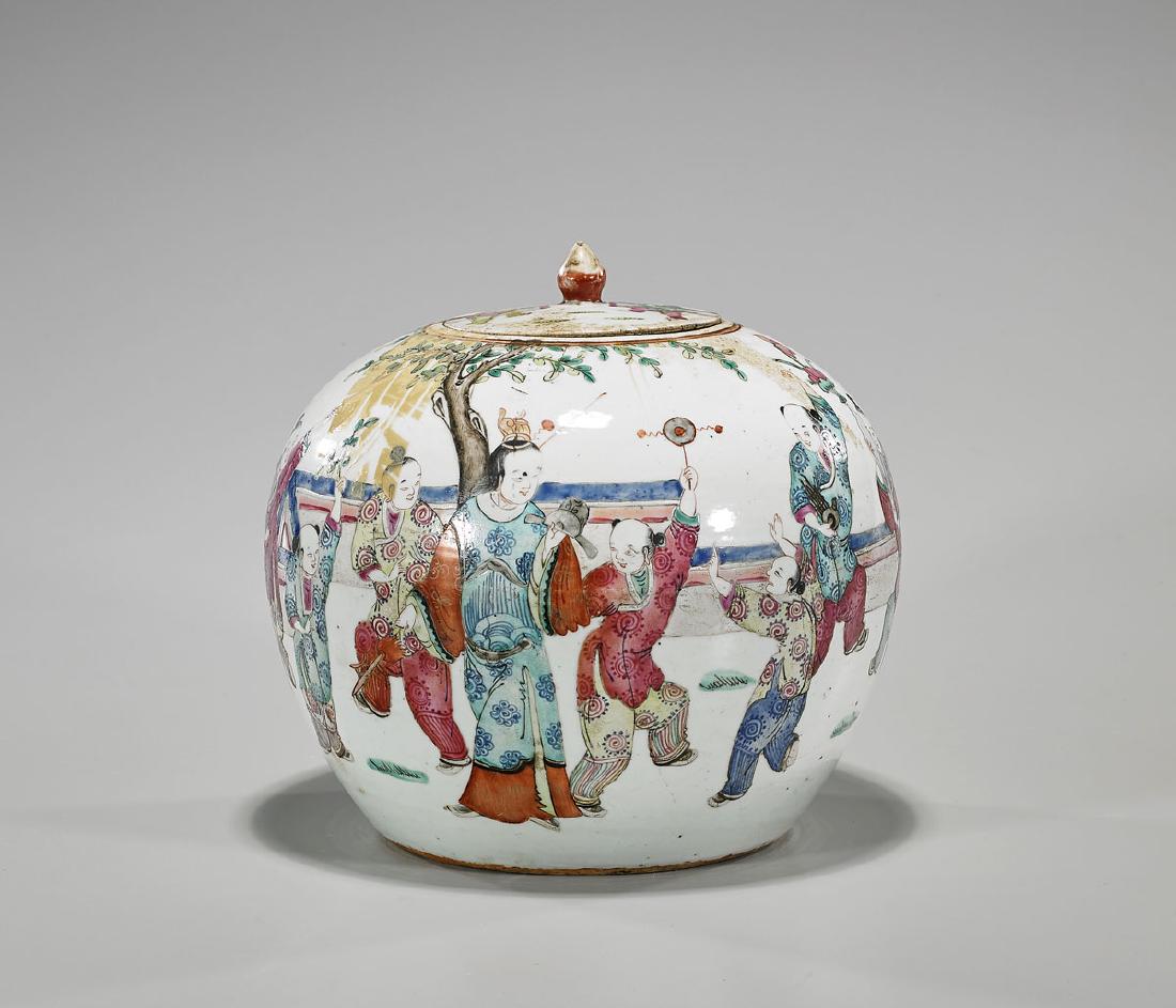Antique Chinese Famille Rose Enameled Porcelain Ginger: Antique Chinese Famille Rose enameled porcelain ginger jar; the body showing a continuous landscape scene of figures at play; Provenance: Private collection, Palos Verdes Estates, CA; H: 9" (a