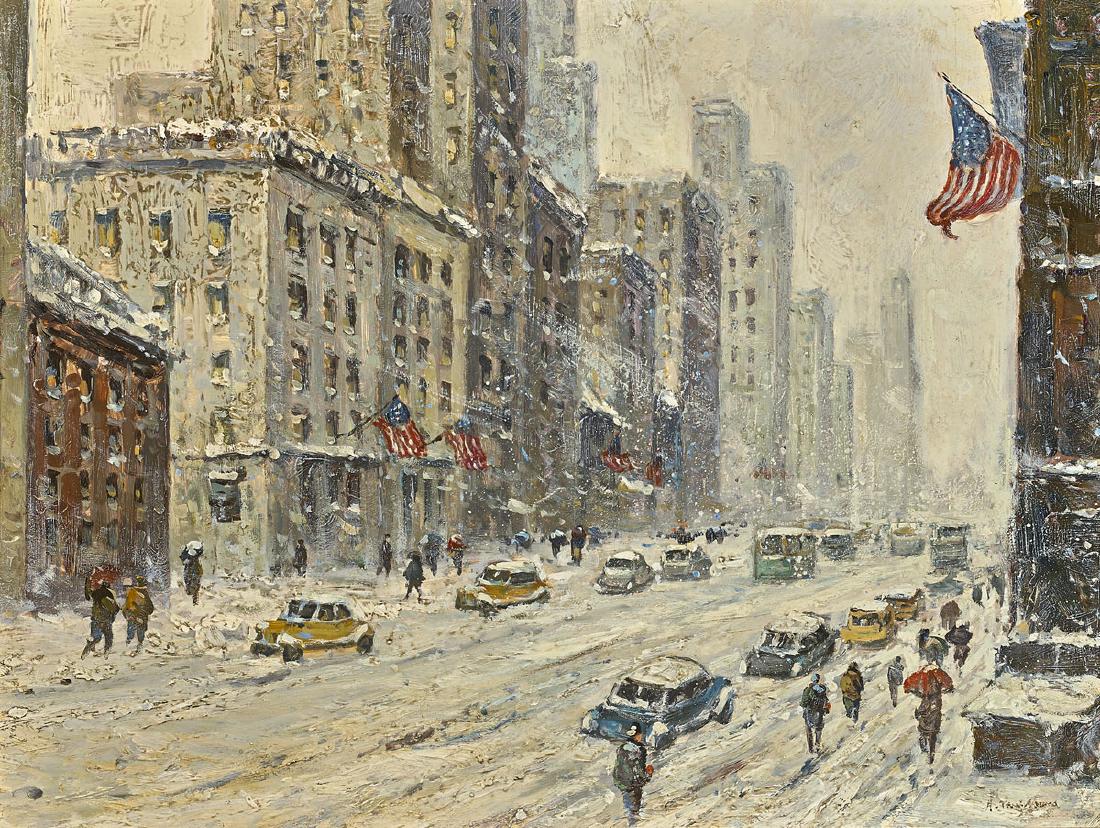 OIL PAINTING ON BOARD: School of Guy C. Wiggins: Oil painting on board, in the manner of Guy Carleton Wiggins (American, 1883-1962); of a New York City streetscape in winter; signed illegibly to lower right; Provenance: Private collection, P